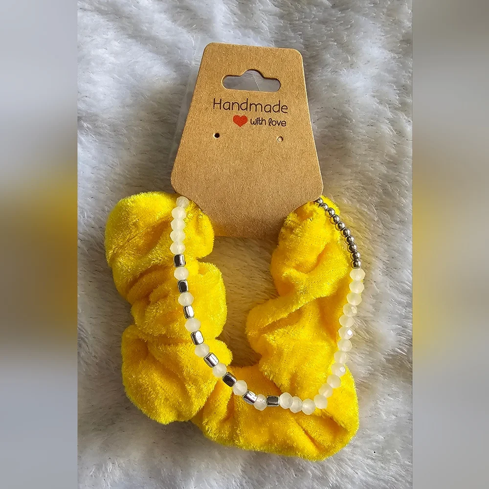 Yellow Scrunchie with Beaded Bracelet & Earrings